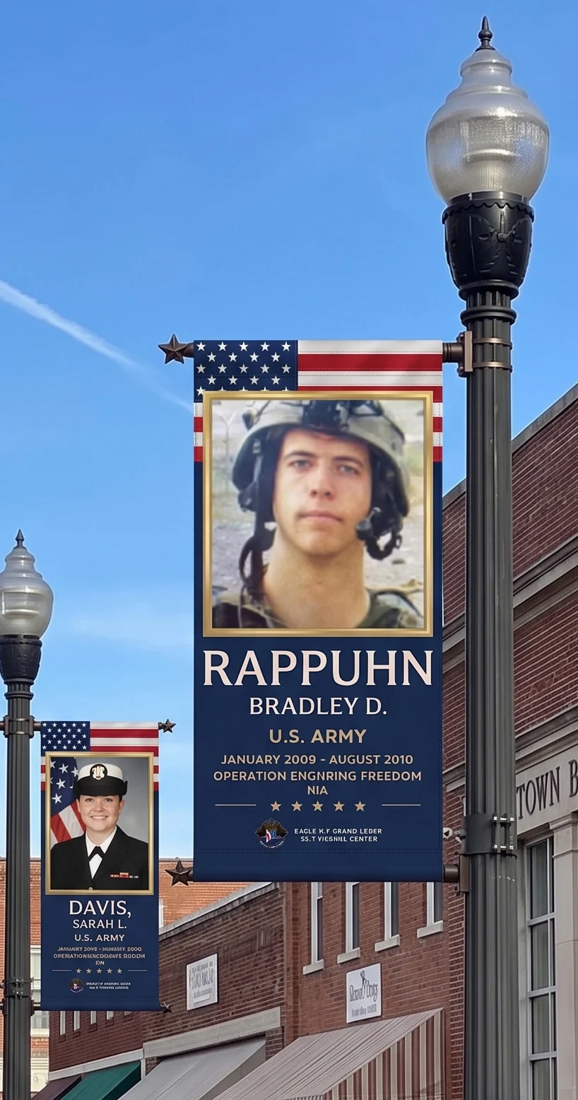 Example veteran banner design showing a portrait, service branch, and veteran name